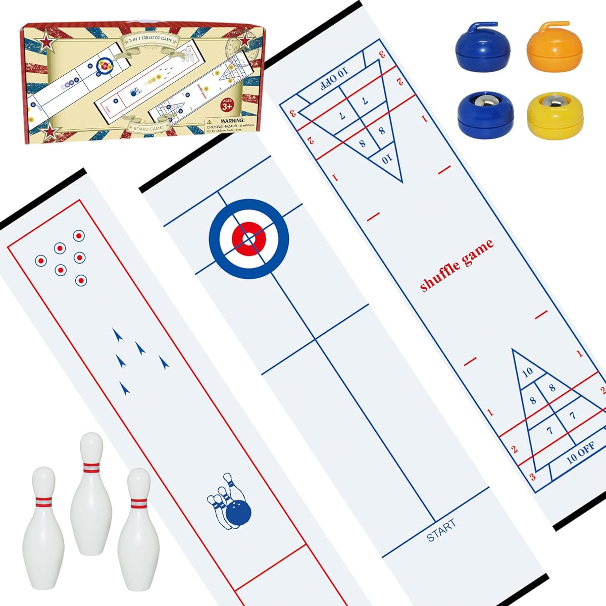 GOTHINK 3-in-1 Table Bowling Game - Mini Curling Shuffleboard Bowling Set Perfect for Family Fun and Parties - Portable Mini Tabletop Game for Kids and Adults Indoor/Outdoor