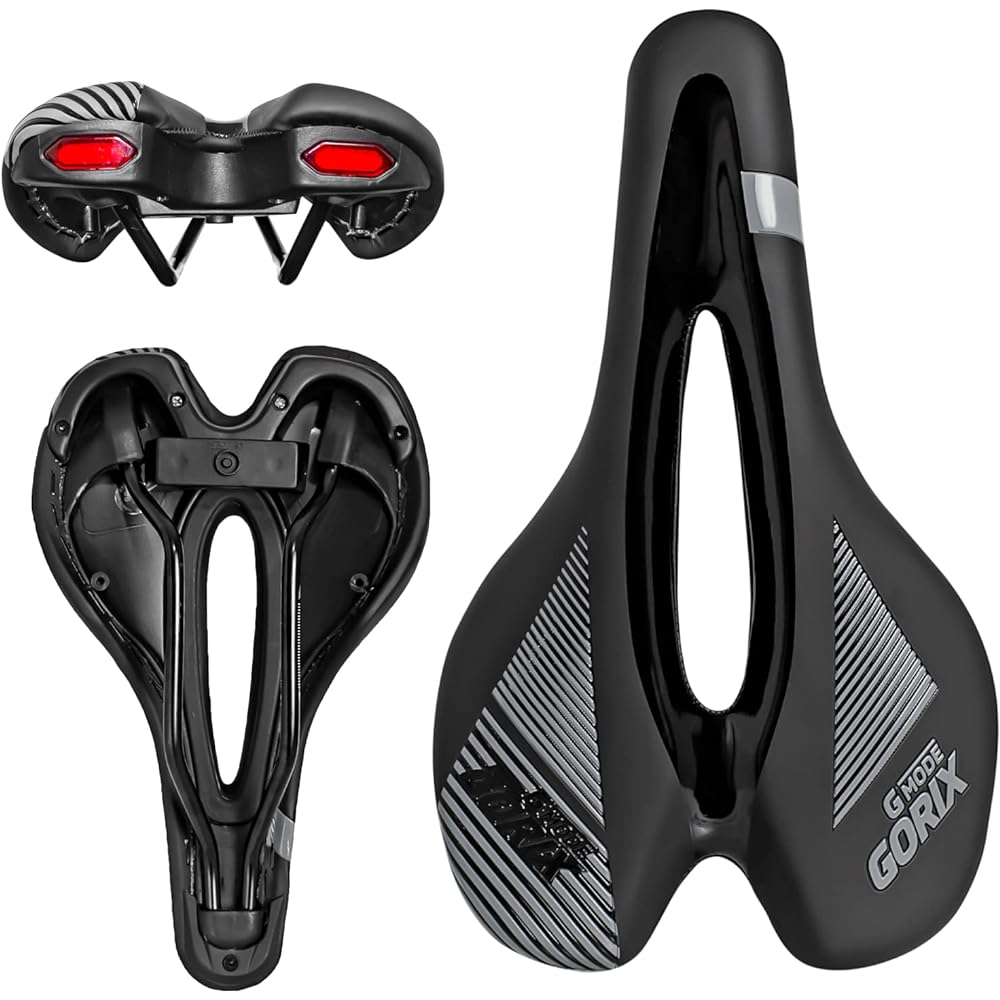 GORIX Saddle Bicycle [Saddle with Light] Short Nose Wide Type Tail Light (GX-GMODE) Waterproof PU Leather Cushion Road Bike Cross Bike Cushion Perforated Stylish Design