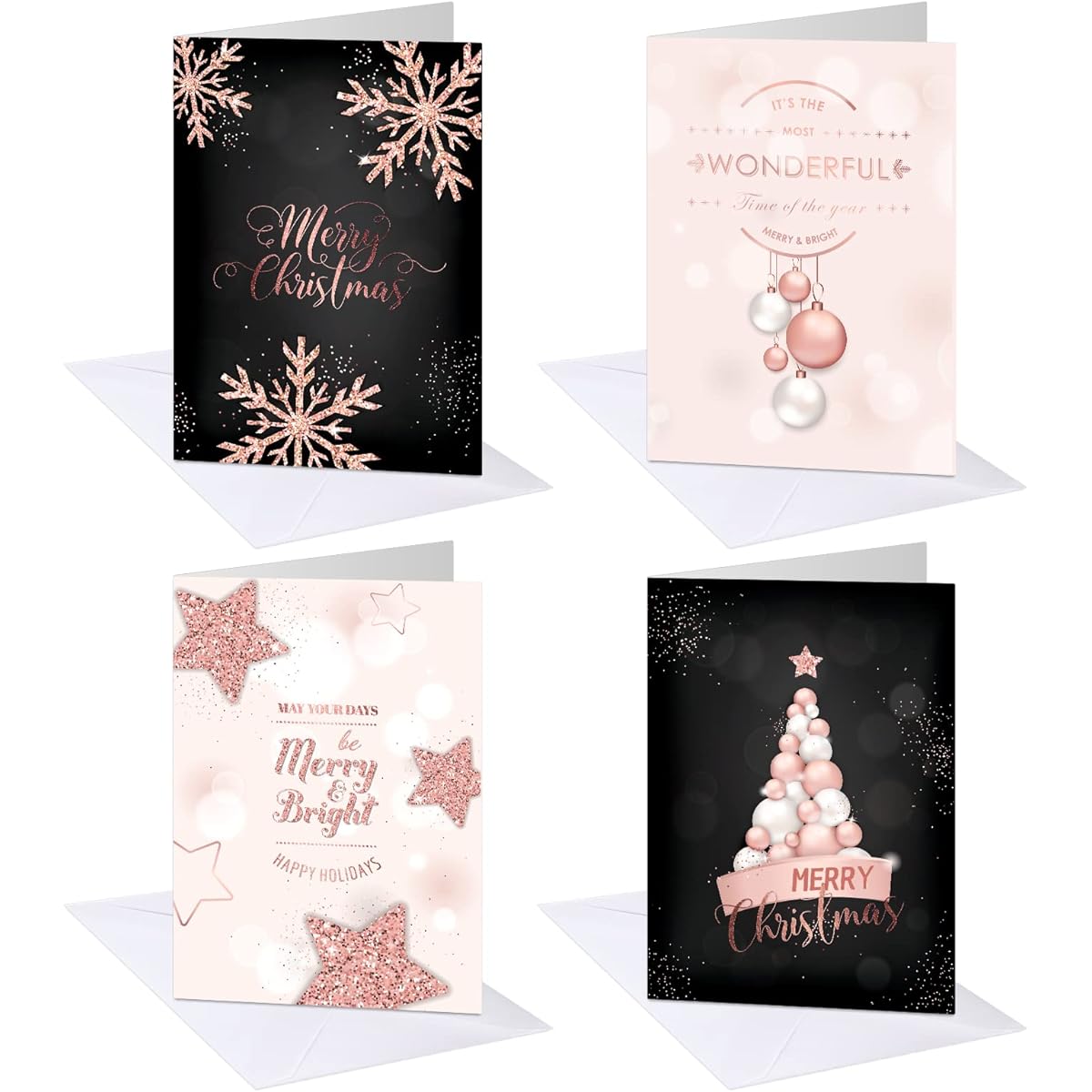 Whaline 24 Pack Merry Christmas Greeting Cards with Adhesive Envelopes 5 x 7 Inch Black Pink Foil Christmas Note Cards Snowflake Balloon Pattern Holiday Cards for Party Favors 4 Designs