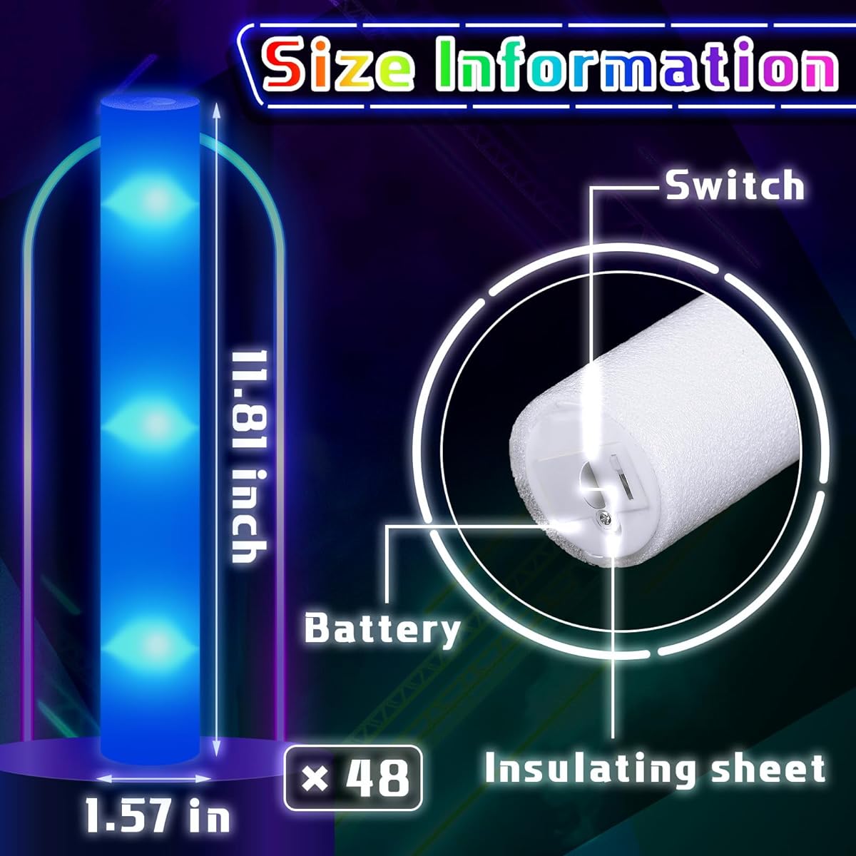 Liliful 48 Pieces Glowing LED Cheer Foam Sticks Light Up Glow Sticks Wedding Wands for Birthday Wedding Bridal Shower Rave Carnival Concert Glow in the Dark Party Favors Supplies (Blue)