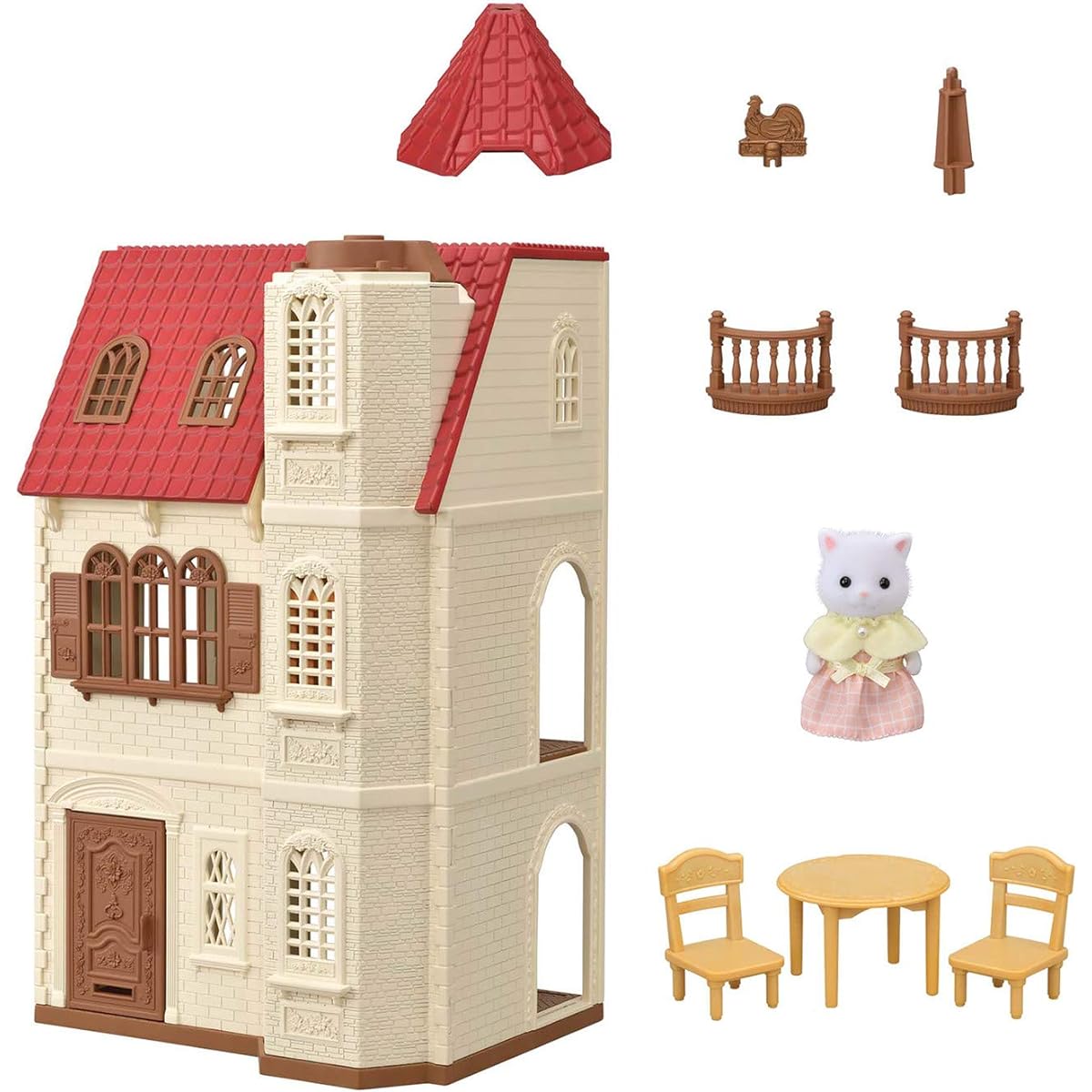 Calico Critters Red Roof Tower Home 3-Story Dollhouse Playset with Figures, Furniture and Accessories