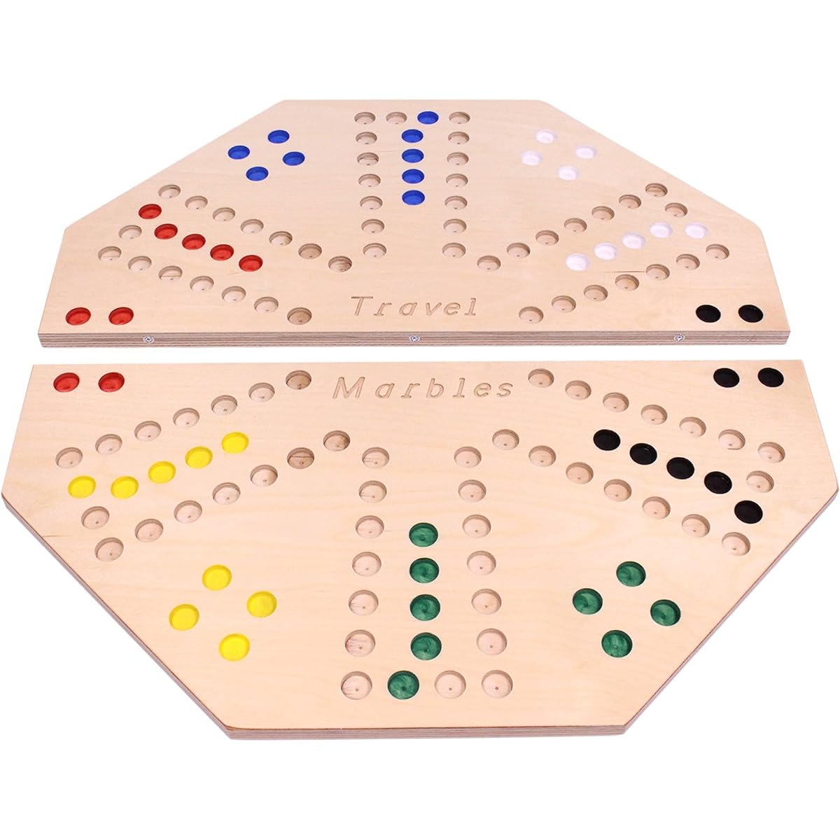 AmishToyBox.com Travel Marble Chase (Cards & Marbles) Wooden Board Game Set, Double-Sided 23" Width Board, Includes Carry Bag, Marbles, and Playing Cards