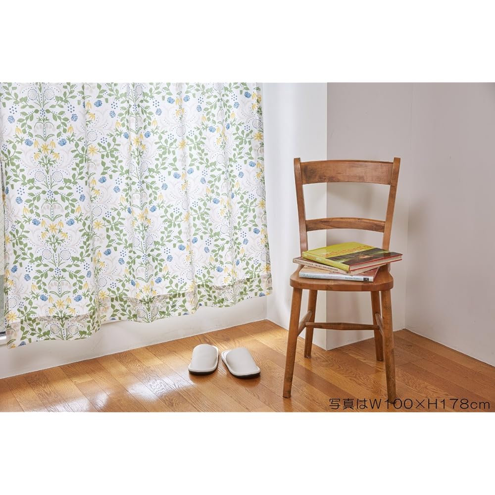 Quarter Report Curtains Available in 16 Sizes Send you flowers Green Width 100 x Length 220cm Set of 2 Cotton Linen [Made in Japan] (Rieko Oka)