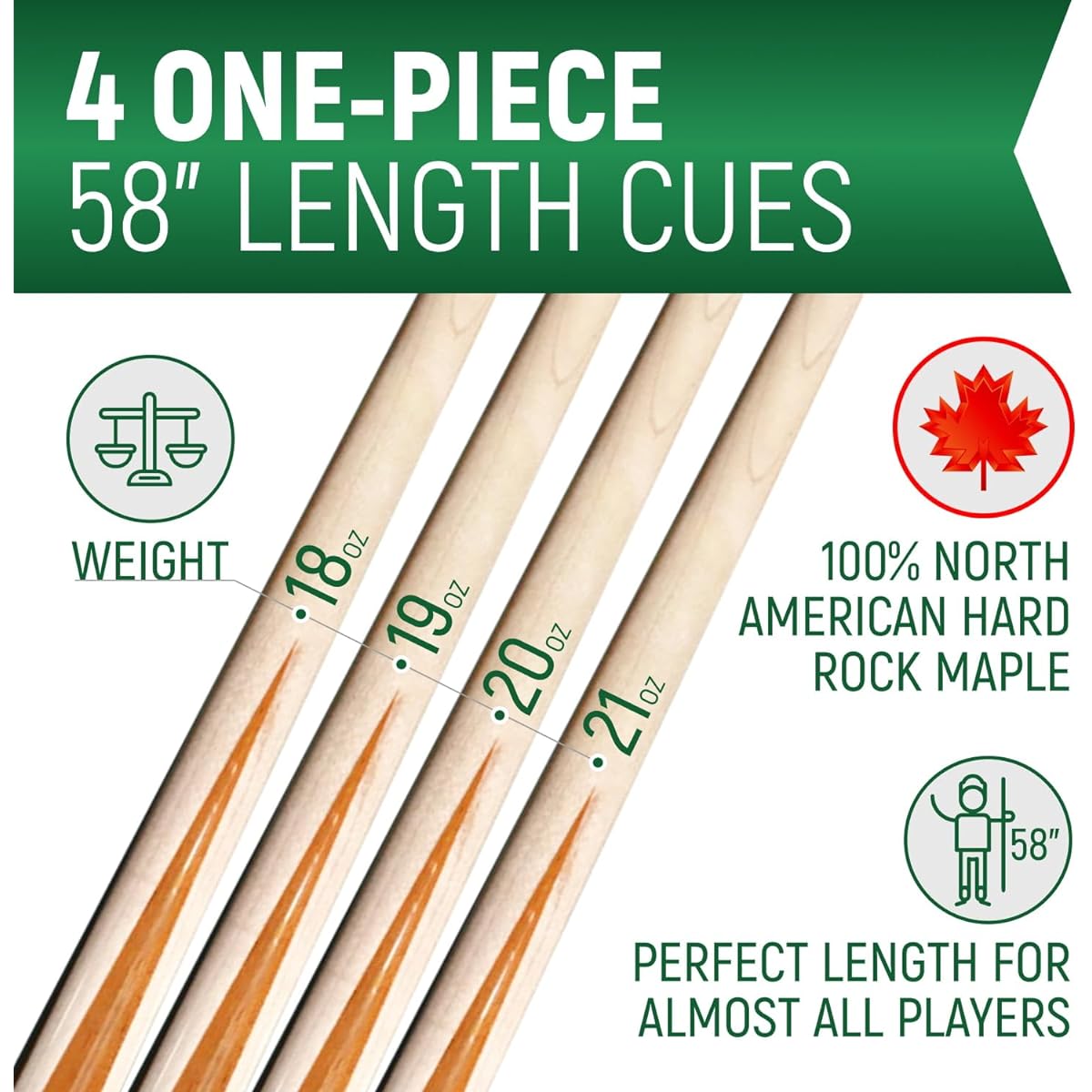 Set of 4 or 8 Player 1 Piece Pool Cue Sticks - Professional Quality for Commercial or Residential Use