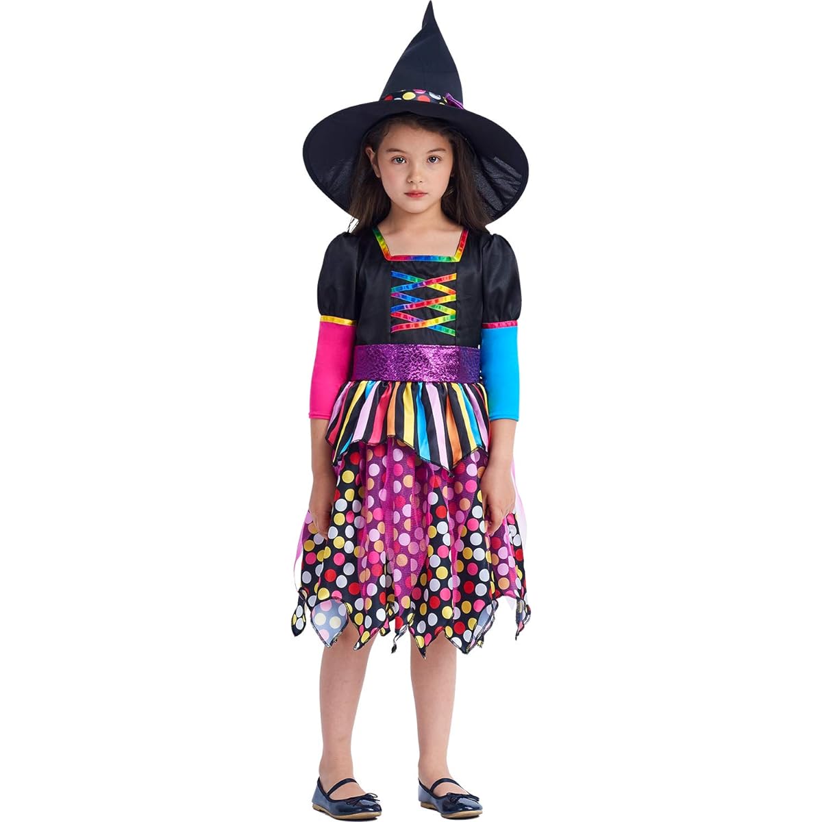Witch Costume for Girls Kids Magical Dress Up Outfit Halloween Party Suit with Color Skirt and Hat