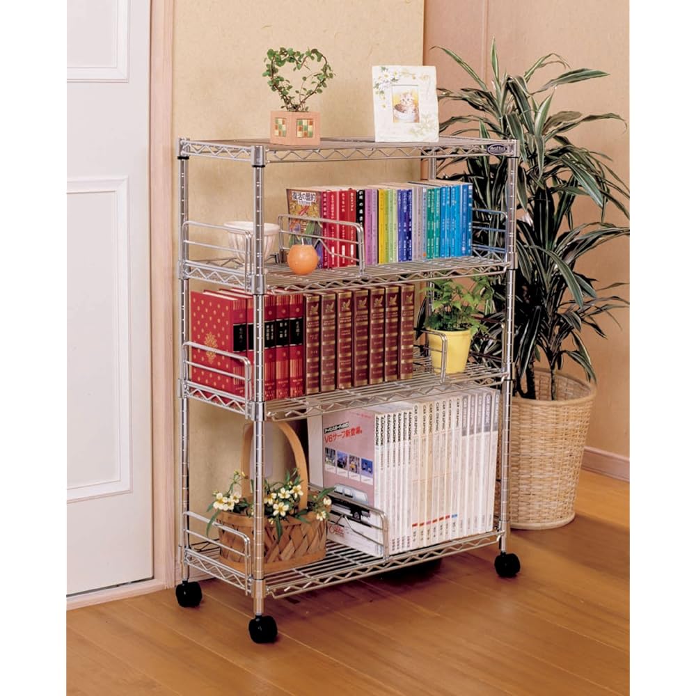 Iris Ohyama Rack Metal Rack Bookshelf 4 Shelves Bookshelf with Casters Rust Resistant Pole Diameter 19mm Width 66 x Depth 27.5 x Height 91cm Load Capacity 150kg Steel Rack Rust Resistant MM-B623