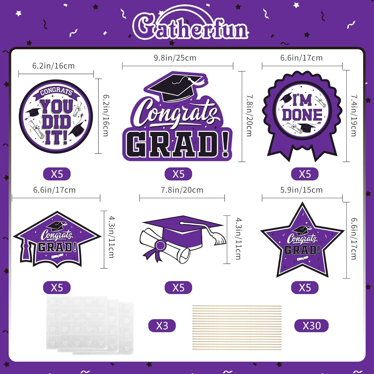 Graduation Party Decorations 30 Pieces Graduation Party Decorations Graduation Table Centerpiece Graduation Table Decoration Graduation Centerpiece Stick Table Topper Graduation Party Supplies (Purple, Black)