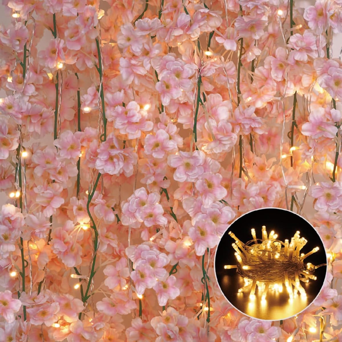 Sunm Boutique Cherry Blossom Garland 4 Pack 23.6ft Cherry Blossom Hanging Vine Length 32.8ft 80 LED String Lights Silk Cherry Blossom Vine Garland Wedding Party Decor Pink