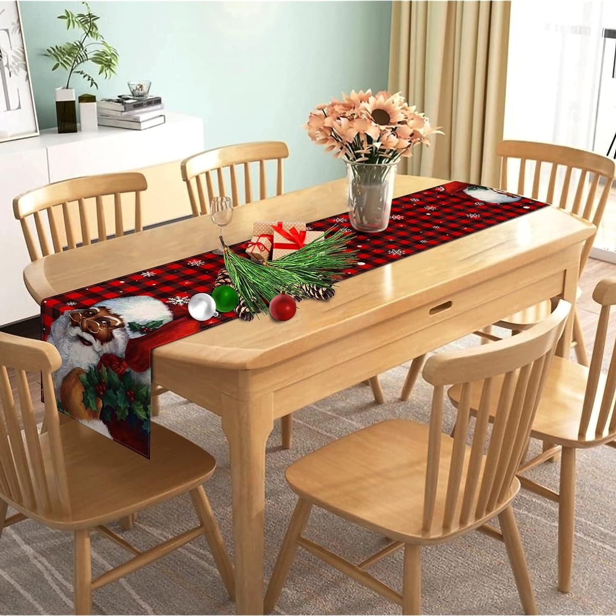 Nepnuser African American Christmas Buffalo Plaid Table Runner 90" Length Black Santa Claus Christmas Decoration Indoor Winter Holiday Christmas Home Kitchen Decor