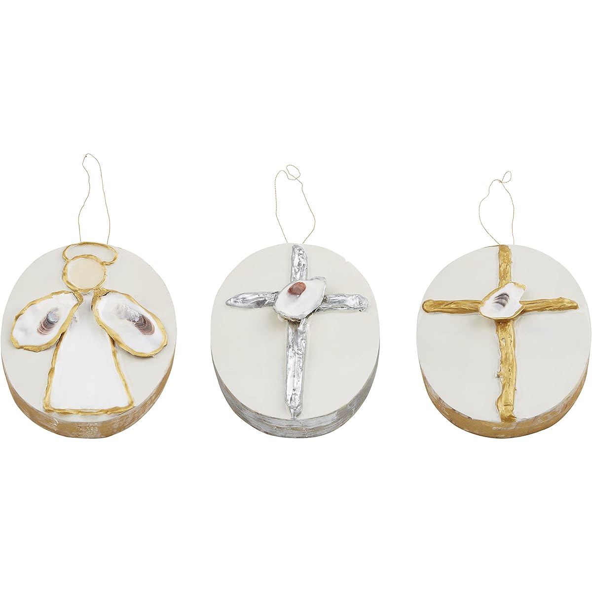 Mud Pie Coastal Oyster Shell Block Ornament, Gold Cross, 4" x 3.25
