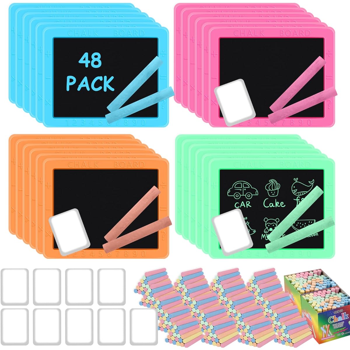 Neon Chalkboard Set for Kids - 48 Pieces Mini Chalkboard, 96 Pieces Chalk Sticks, 48 Pieces Erasers for Boys and Girls, Birthday Party Favors, Kids Bag Back to School Gift