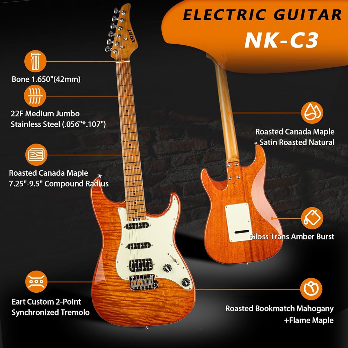 EART electric guitar, 6-string maple fingerboard solid body right-handed, stainless steel frets
