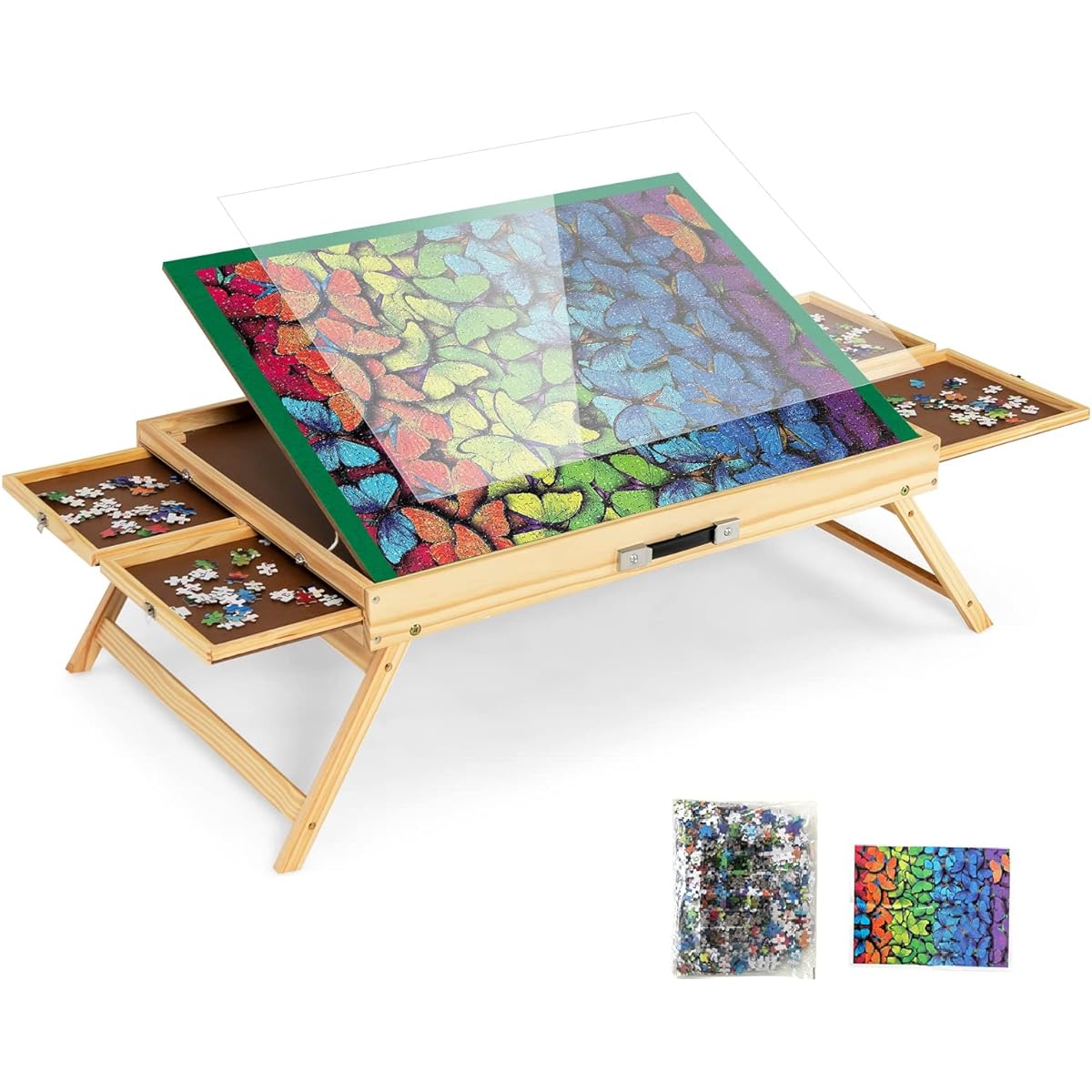 INFANS 1000 Piece Jigsaw Puzzle Table Foldable Legs 1000 Pieces Puzzle 1000 Pieces 3 Tilt Angle 4 Drawers Non-Slip Surface Wooden Adjustable Foldable Portable Puzzle Board for Adult Games