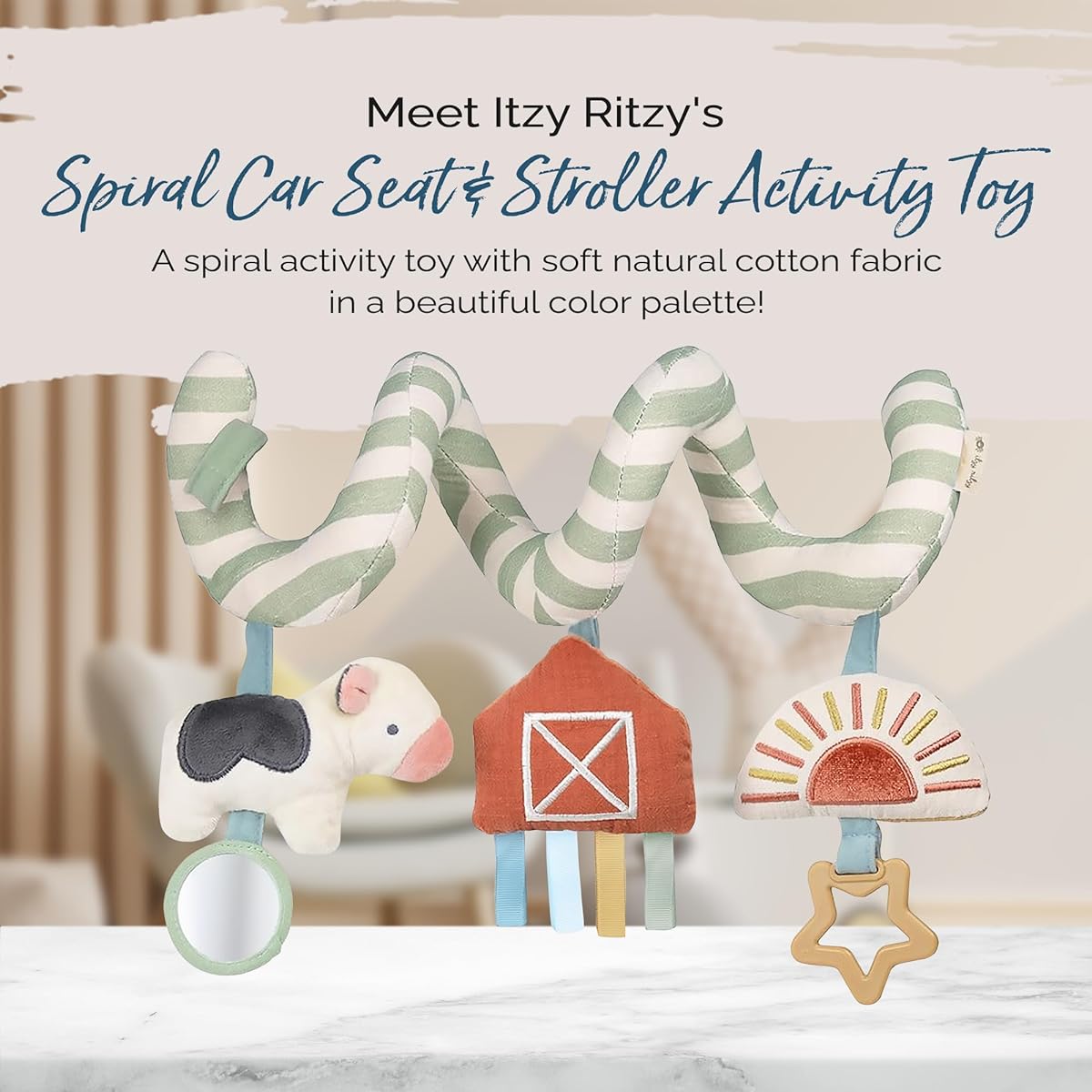 Scocay Itzy Ritzy Spiral Car Seat & Stroller Activity Toy - Stroller & Car Seat Toys for Ages 0 Months and Up - Hanging Toys Include Dangling Ring, Mirror and Textured Ribbons (Farm)