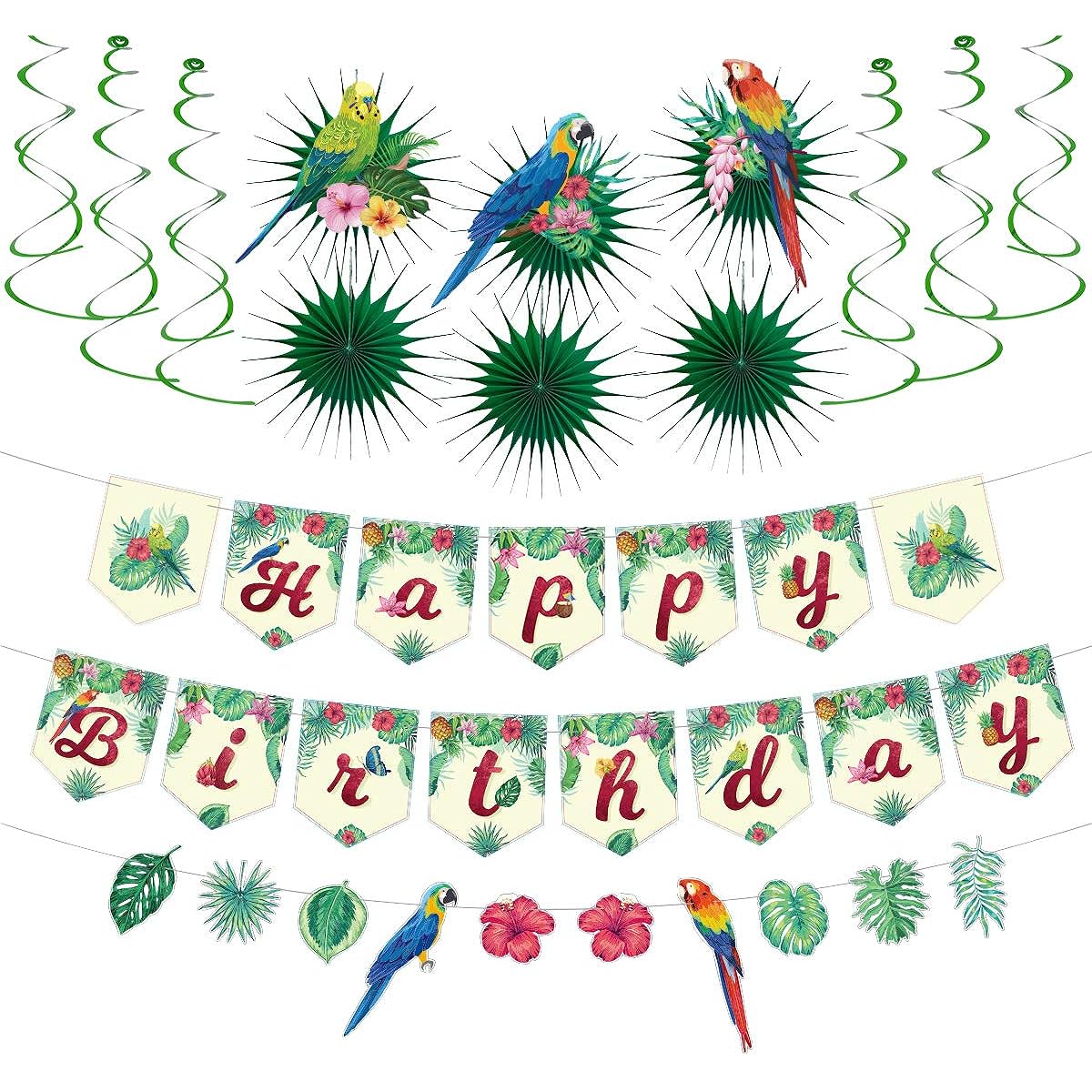 Cieovo Summer Hawaiian Party Decorations Set, Birthday Banner, Tropical Birds, Toucan Leaves, Paper Fans, Hanging Swirls, Aloha Summer Luau Hawaiian Birthday Beach Pool Party Decorations Favors