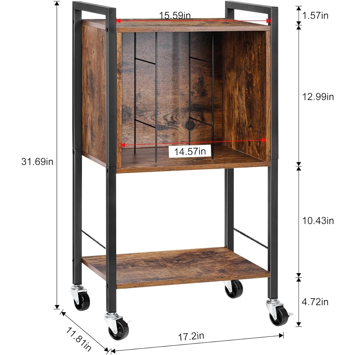 Record Player Stand 3 Tier Record Player Cabinet Metal Frame Industrial Retro Record Player Table Turntable Stand with Wheels Vinyl Record Storage Holder Holds Up to 100 LPs for Living Room