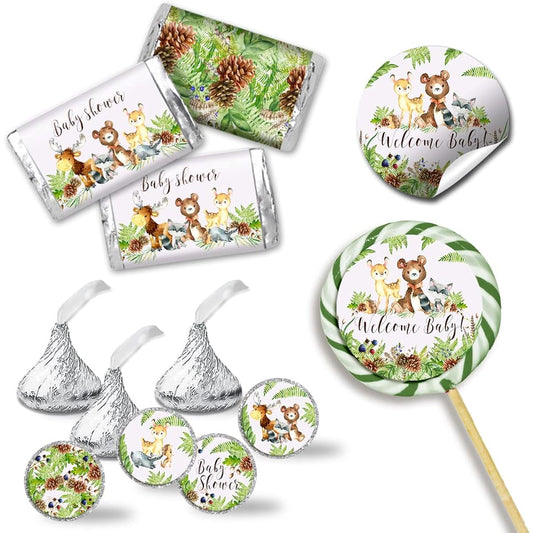 Amanda Creation Watercolor Woodland Forest Animals Baby Shower Sticker Bundle Kit - 429 Pieces!!! Includes 60 2" Circle Stickers, Favor & Goodie Bags, 45 Mini Candy Bar Wrappers & 324 Round Candy Kiss Stickers