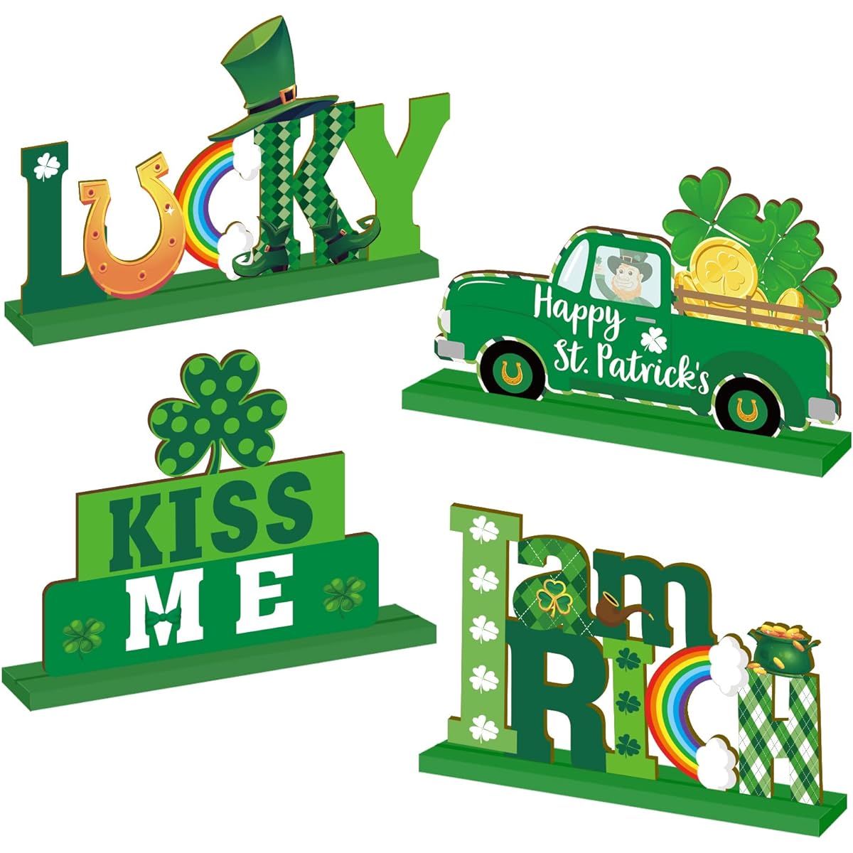 4 Pieces St. Patrick's Day Party Table Decorations Shamrock Wooden Cute St. Patrick Centerpiece Set Table Signs Holiday Home Party Table Decoration Supplies