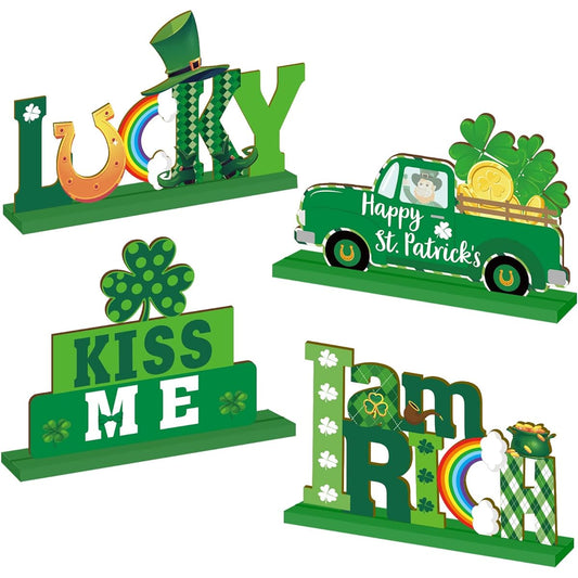 4 Pieces St. Patrick's Day Party Table Decorations Shamrock Wooden Cute St. Patrick Centerpiece Set Table Signs Holiday Home Party Table Decoration Supplies