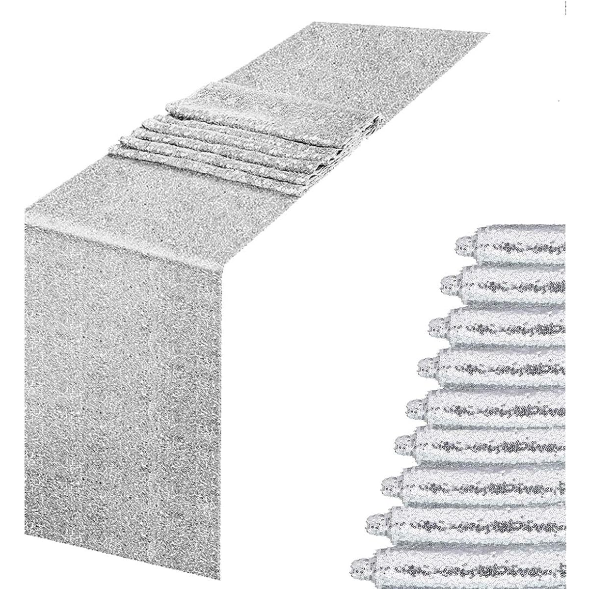 MENGQ Silver Table Runner 12"x108" Pack of 10 Sequin Table Runner Party Decor Glitter Table Linen Runner Sparkly Dinner Party Supplies for Baby Shower Holiday Celebration