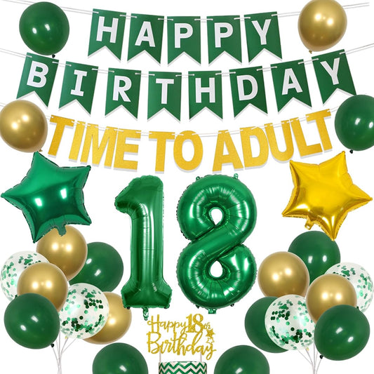 18th Birthday Decorations for Girls and Boys - Adulthood Time 18th Birthday Decorations Emerald Green and Gold Balloons Adulthood Time Banner Happy Birthday Cake Topper Number 18 Star Foil Balloon