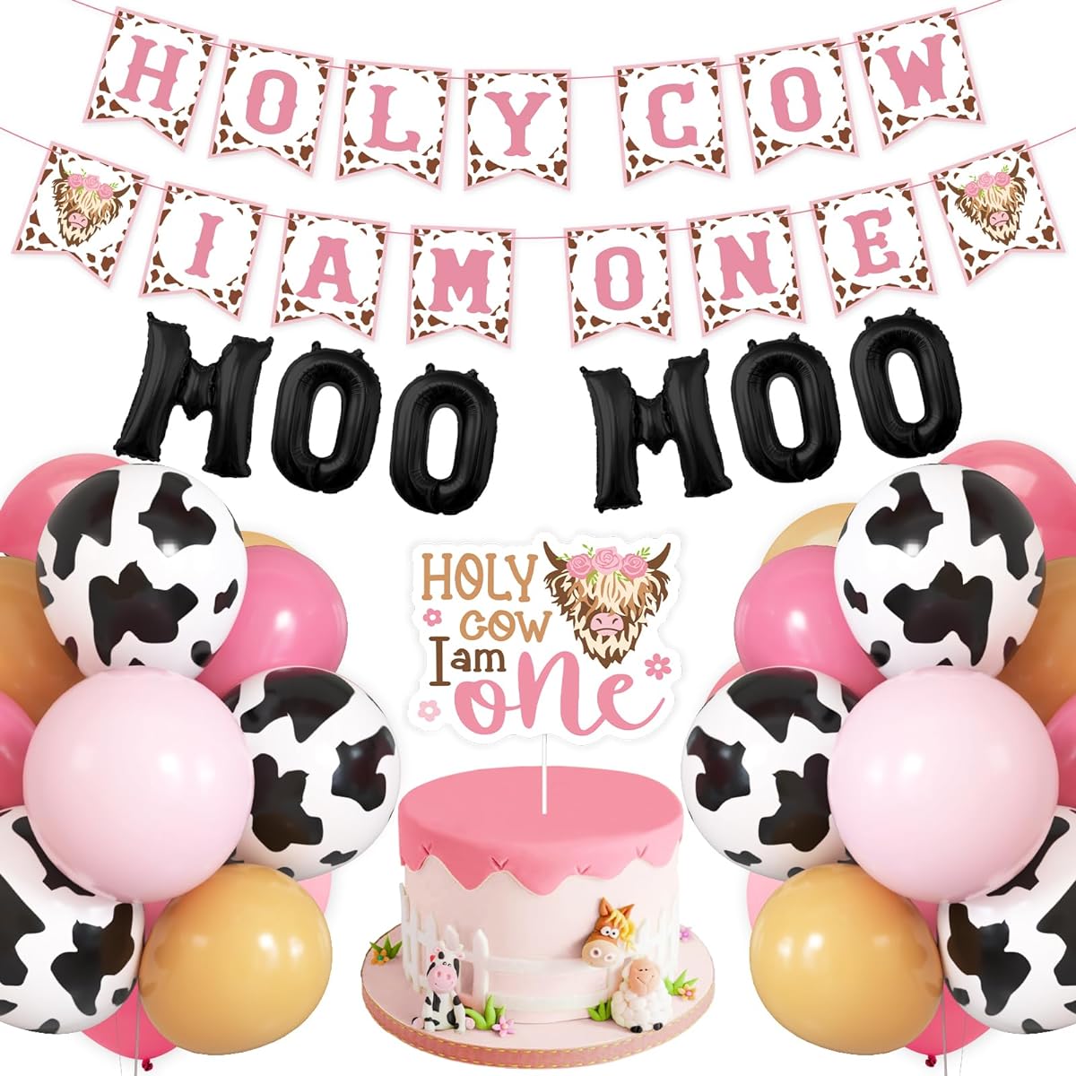 Highland Cow First Birthday Party Decorations Floral Holy Cow I'm One Baby Girl Banner Cake Topper Balloons Garland Set Scottish Cow Moomoo Kids Party Ideas Supplies