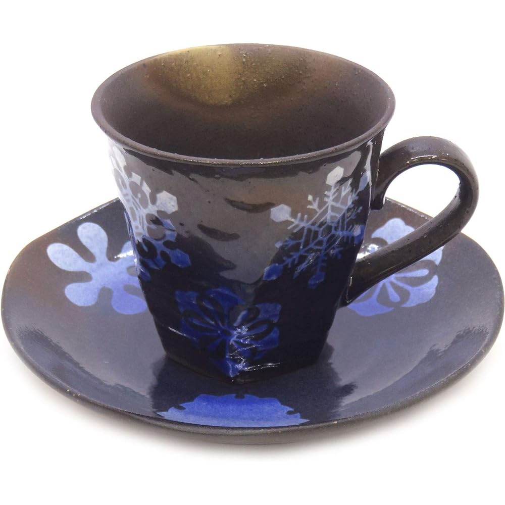 Kutani ware pottery coffee cup pair set with snow ring pattern