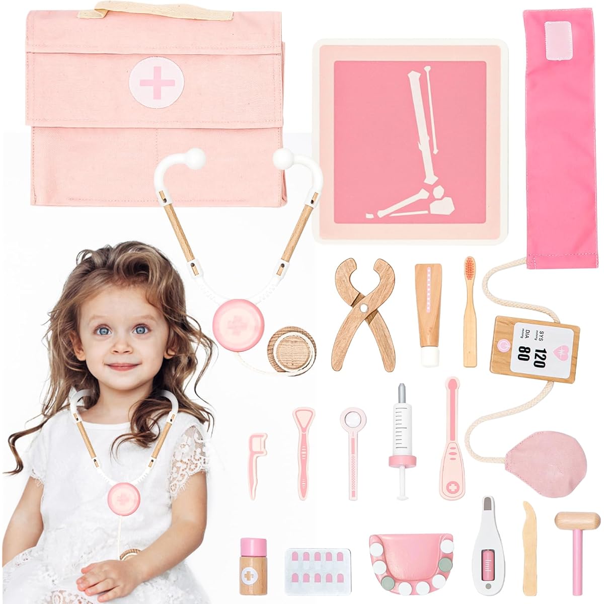 Wooden doctor kit for children pink