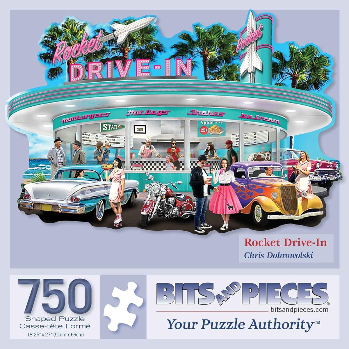 Bits and Pieces 750 Piece Jigsaw Puzzle for Adults 20" x 27" Rocket Drive-In Classic Car Retro Diner Jigsaw Puzzle Chris Dobrowolski