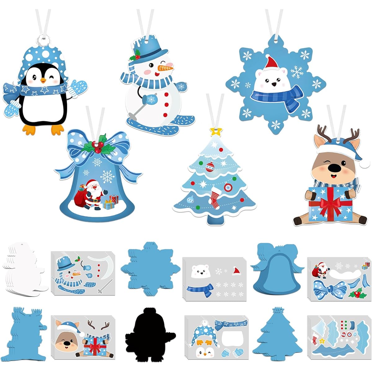 Christmas Crafts for Kids Decorations 24 Pack Make Your Own Ornament Kit Christmas Ornaments Craft Sticker Kit Christmas Art Holiday Crafts Snowman Snowflake Bell Santa Claus Christmas Tree