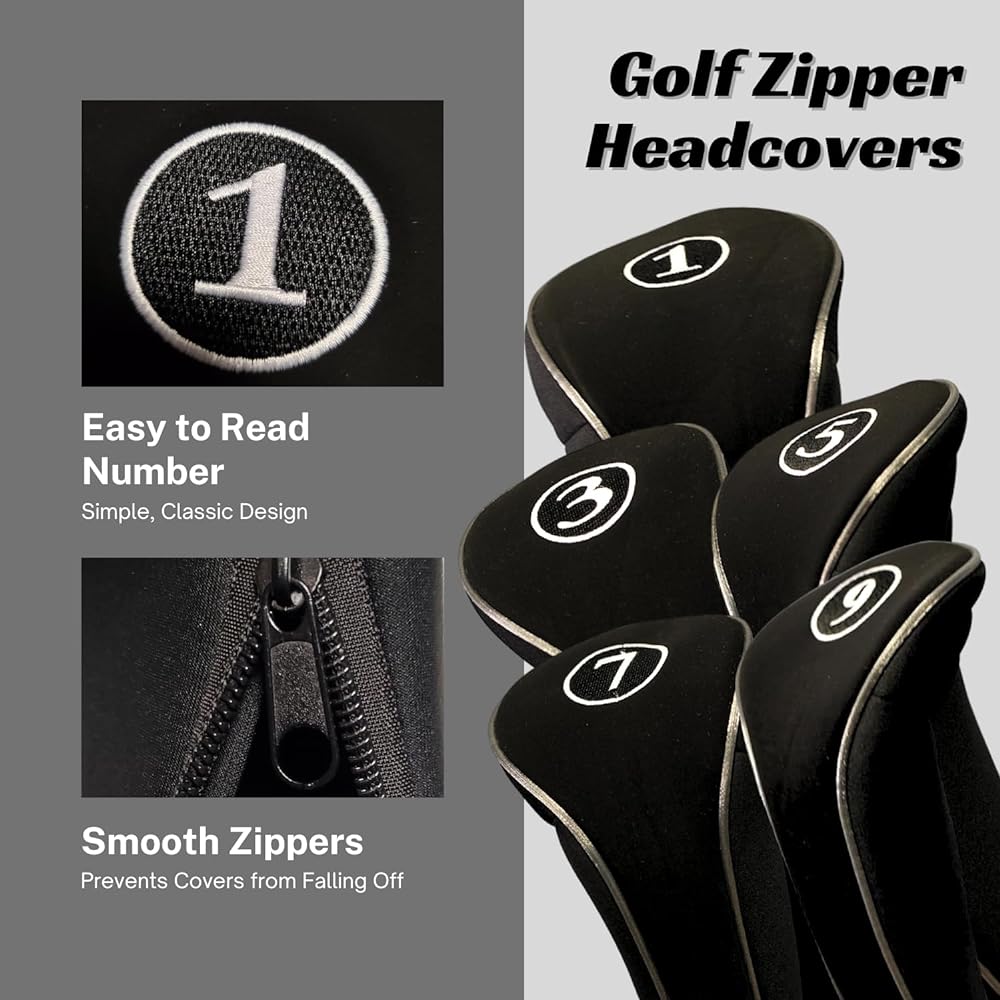 Black Golf Fastener Headcover Driver 1 3 5 7 9 Fairway Wood Headcover Metal Neoprene Traditional Plain Protective Cover Fits All Fairway Clubs