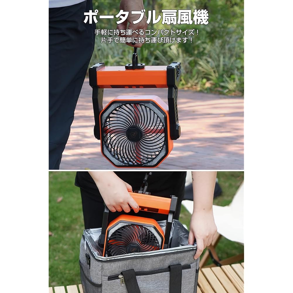 SOPPY Camping Fan with Hook, Hanging [20000mAh Large Capacity] 100 Hours Continuous Operation, Double Rotation, Strong Wind, Distance, 4 Levels of Air Flow Adjustment, LED Light, Sleep Mode, Low Noise, Disaster Prevention, Camping, Sleeping in the Car, S