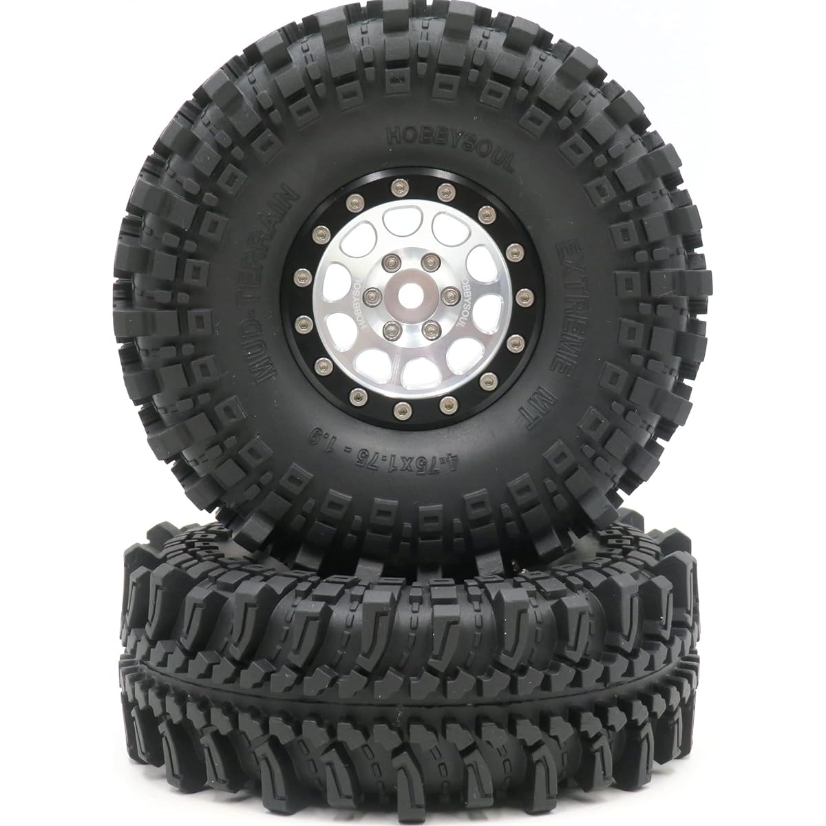 HOBBYSOUL RC 1.9 Tires Soft Tires 121mm/4.75" & Aluminum 1.9 Beadlock Wheels 12mm Hex Rim Silver & Black for Mud Rock Crawler Badlands Loose Terrain (2 Pack, Pre-assembled)