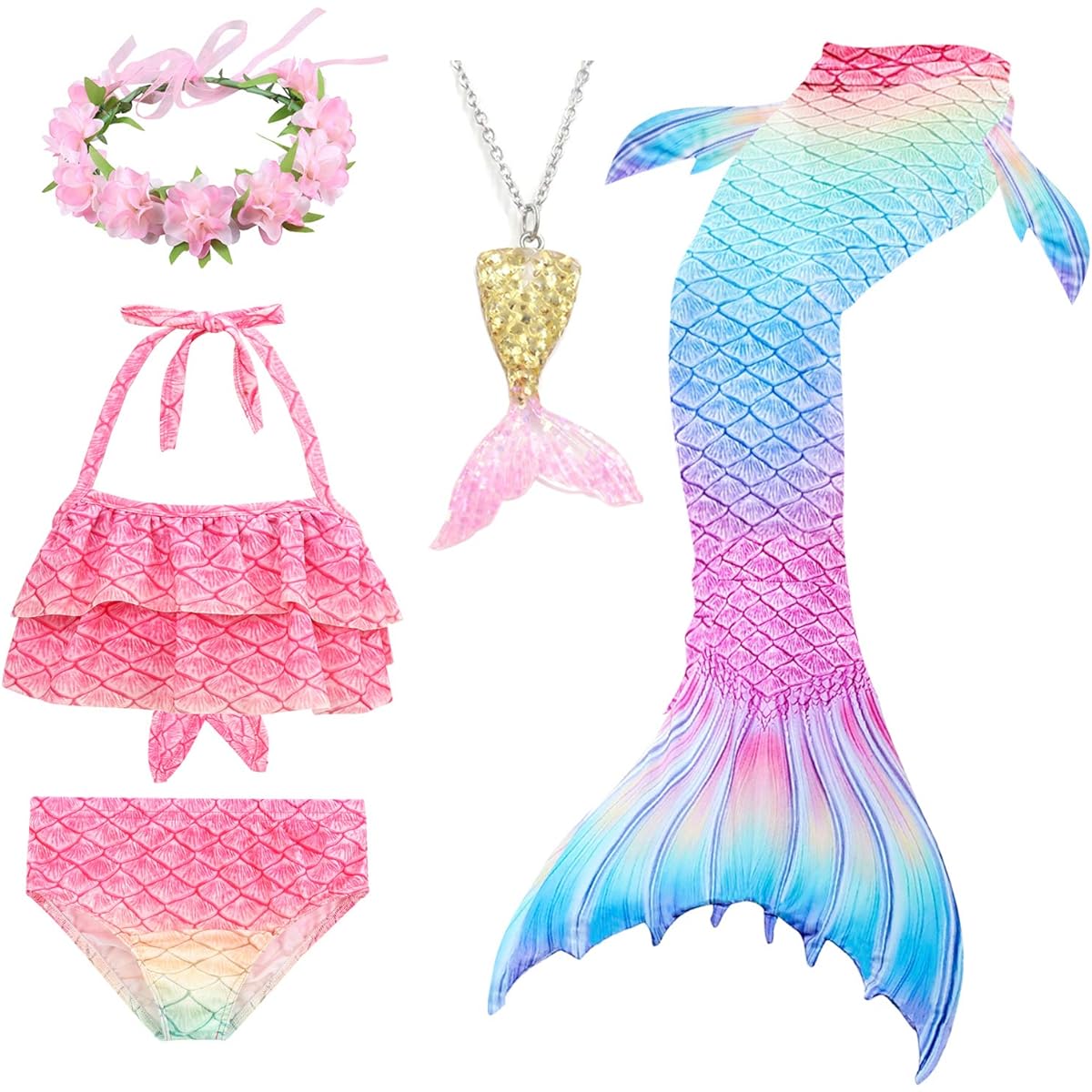 [FUAUFAS] Bxysxly 5Pcs Girls Swimsuit Mermaid Tails for Swimming Kids Bikini Costume Sets with Flower Headband (No Monofin) (GB12-G,3-4T)