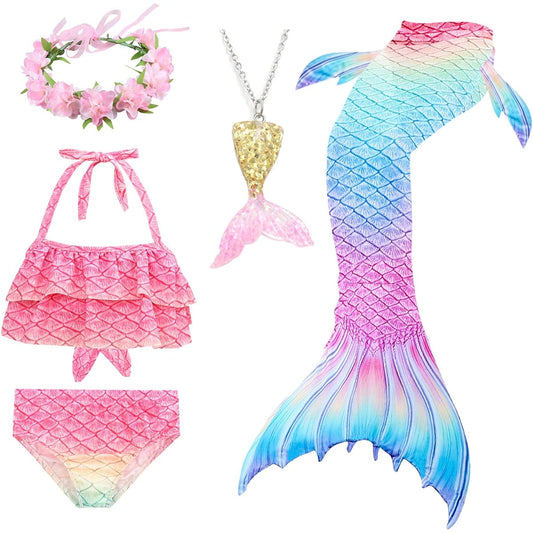 [FUAUFAS] Bxysxly 5Pcs Girls Swimsuit Mermaid Tails for Swimming Kids Bikini Costume Sets with Flower Headband (No Monofin) (GB12-G,3-4T)