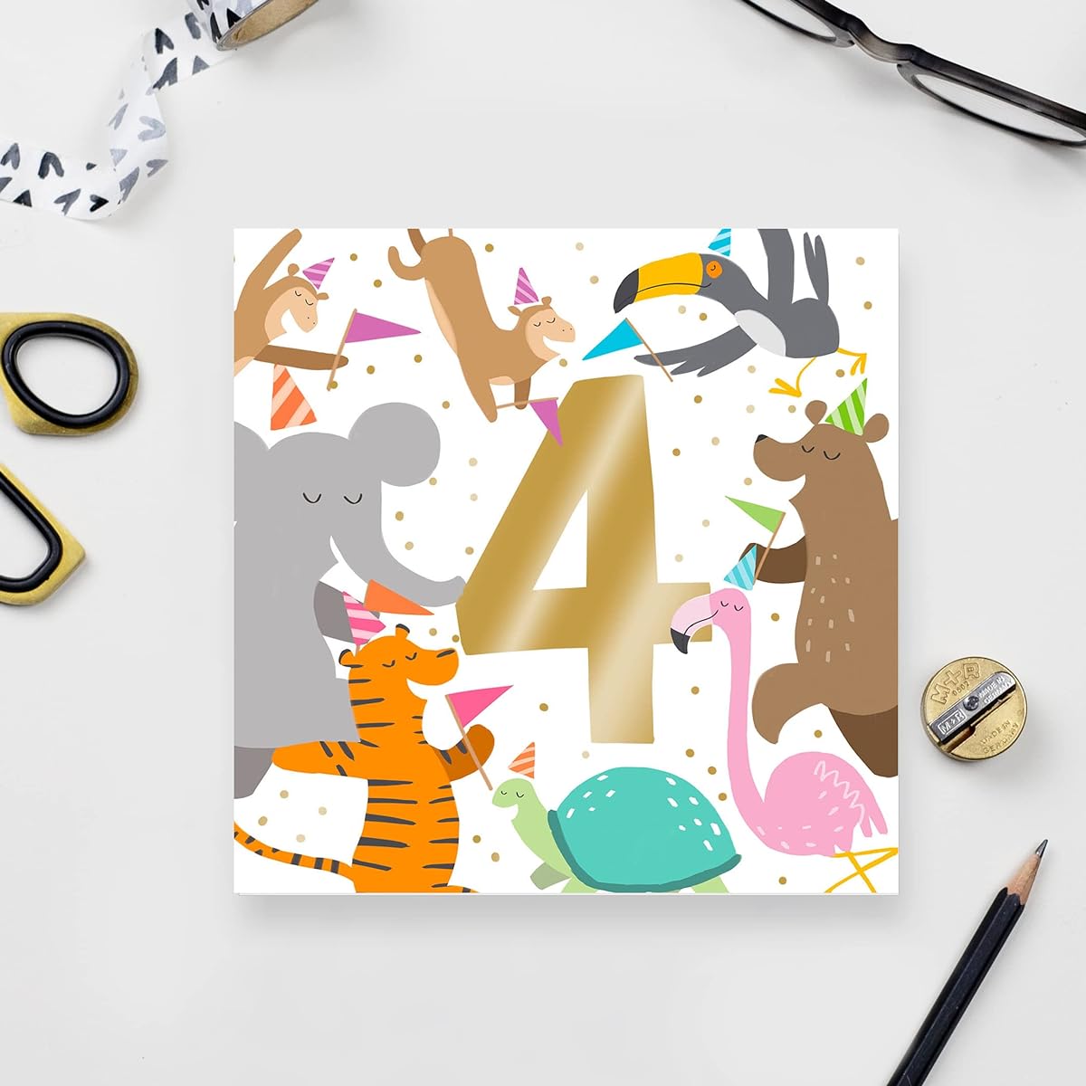 Old English Co. Party Animal 1st Birthday Card - Gold Foil Square Zoo Birthday Card for Boys and Girls | Son or Daughter | Blank Inside & Envelope Included (Age 4)