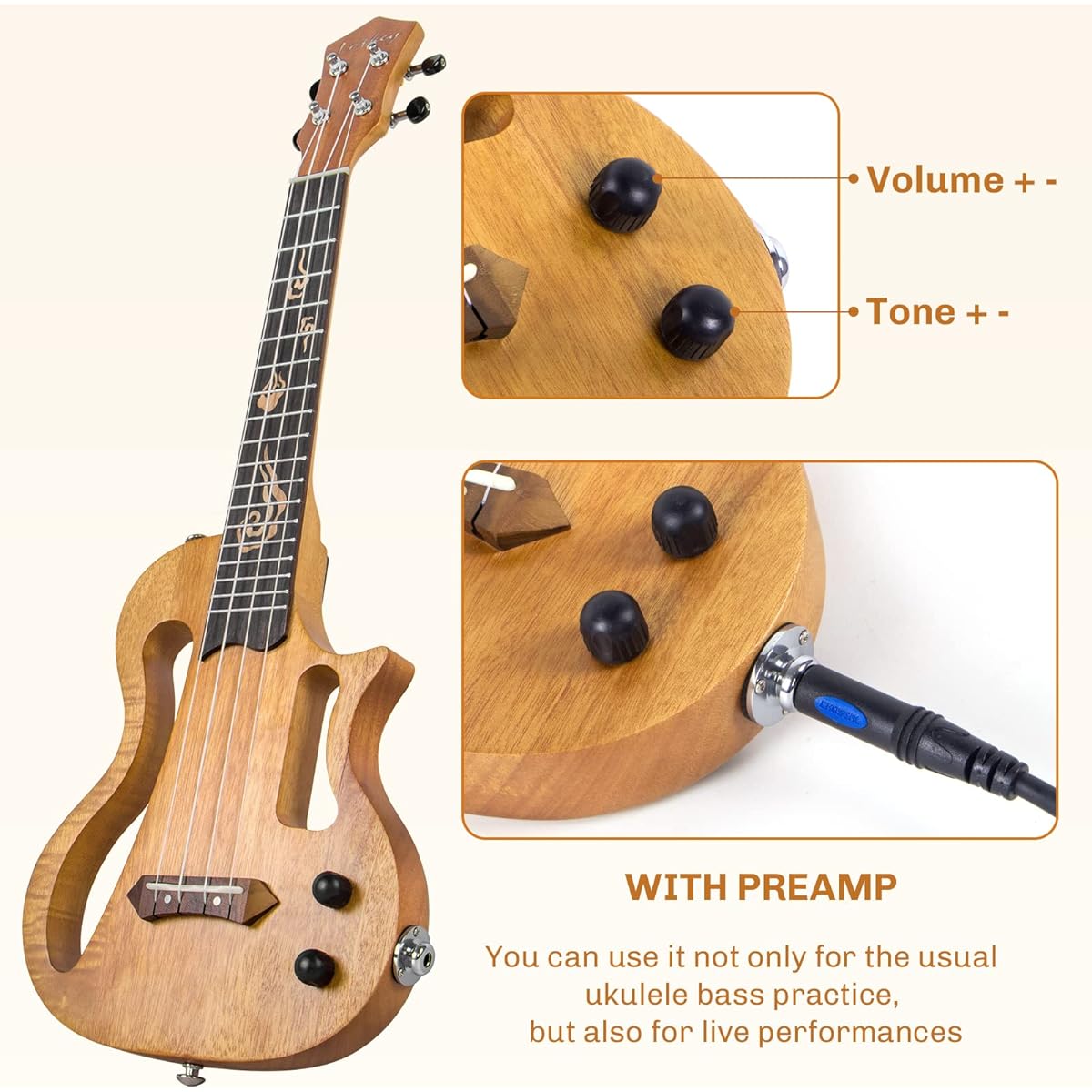Silent Ukulele Lotkey 23 Inch Body Electric Ukulele for Practice and Performance AMP Output Italian Nylon Strings Tuner Strap & Full Accessories Included