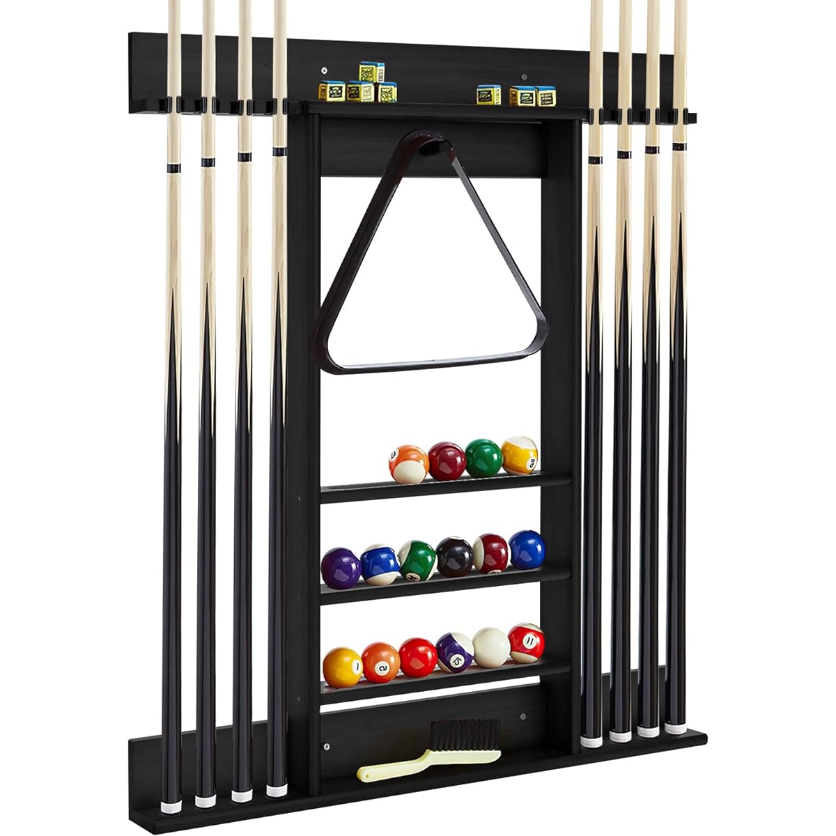 GYMAX Pool Cue Rack, 8 Cues Wall Mounted Pool Stick Holder, 15 Billiard Ball Holders, 1 Triangle Rack, Pine Wood Billiard Rack, Dedicated for Billiard Room or Club (Black)