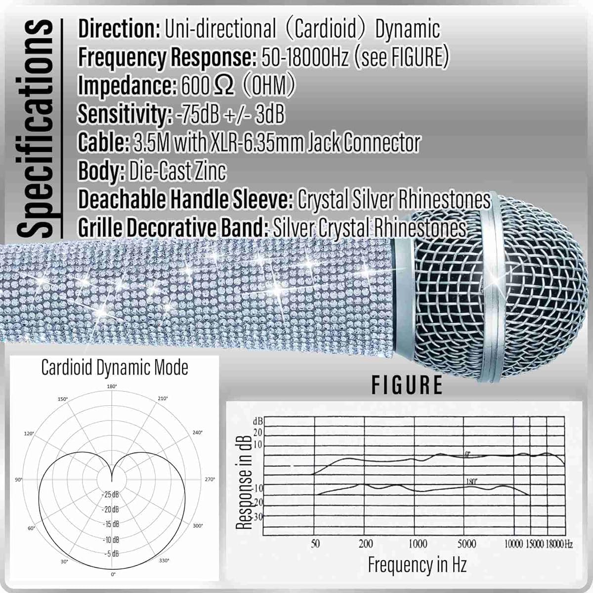 Rhymkawa Silver Wired Microphone with 3.5M XLR Cable Clip Holder Nut Adapter 5/8" to 3/8" for Podcast Singing Karaoke System Silver Cardioid Dynamic Vocal Mic Rhinestone Handle Metal Body (Silver)