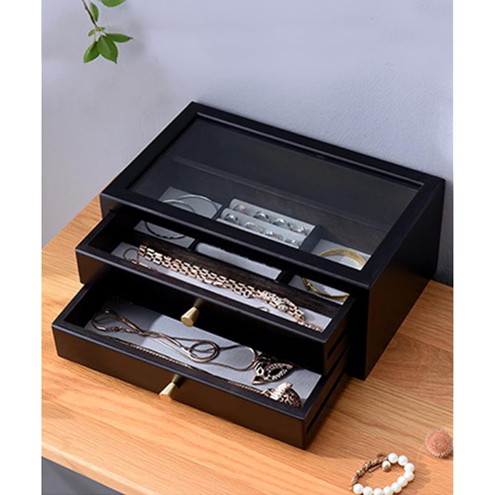 Aimoha Accessories Storage Stylish Wooden Paulownia Wood Jewelry Box Accessory Case Storage Box Large Capacity Storage Display Elegant Necklace Bracelet (Black) FREE