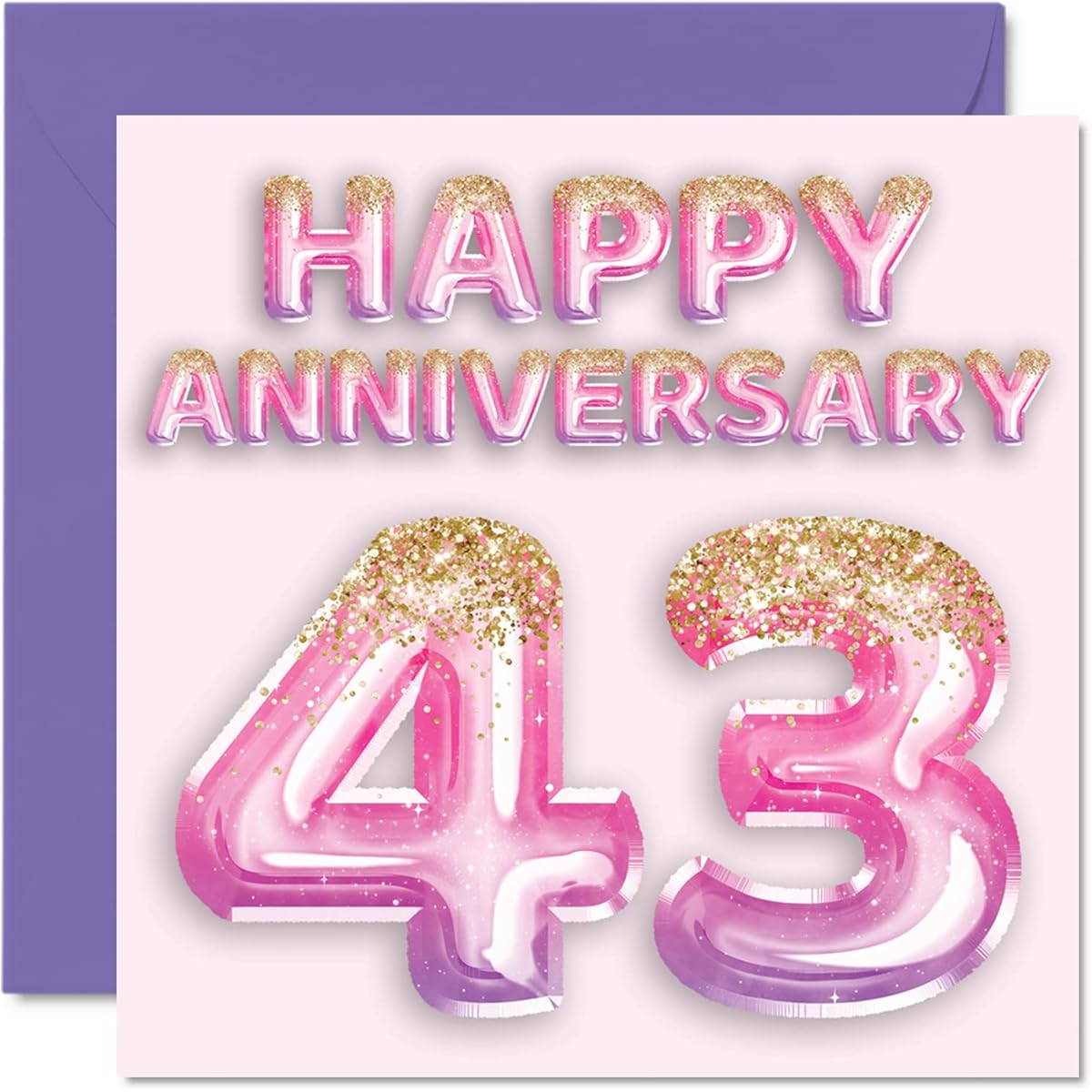 Cute 43rd Anniversary Card for Wife Girlfriend Husband Boyfriend Pink Purple Glitter Balloon Happy 43rd Anniversary Card 5.7 x 5.7 Inch Greeting Card 43 Years