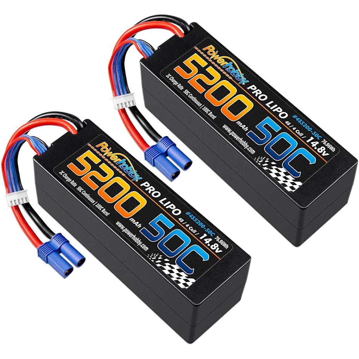 Powerhobby 4S 14.8V 5200mAh 50C Lipo Battery Hard Case 4 Cells with EC5 Plug 2 Pack