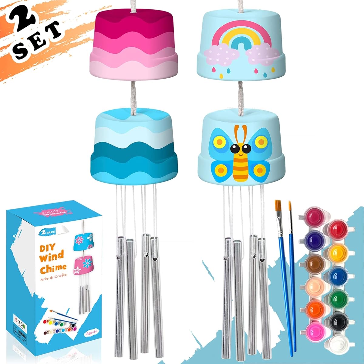TISTON Wind Chime Kit for Kids Crafts Toddler DIY Wood Craft Painting Art Kit with Paints & Brushes Birthday Holiday Gift with Color Box 2 Pack