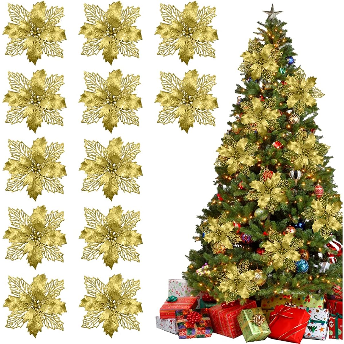 Vanleonet 12pcs Christmas Glitter Artificial Poinsettia Flowers Christmas Flower Decorations Glitter Poinsettia Tree Ornaments Christmas Wreath Wedding Christmas Tree New Year Decorations