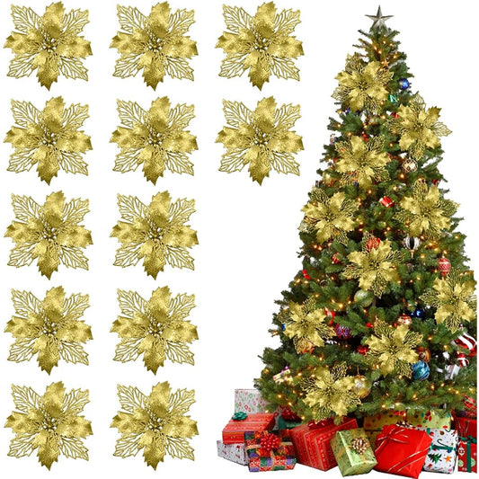 Vanleonet 12pcs Christmas Glitter Artificial Poinsettia Flowers Christmas Flower Decorations Glitter Poinsettia Tree Ornaments Christmas Wreath Wedding Christmas Tree New Year Decorations