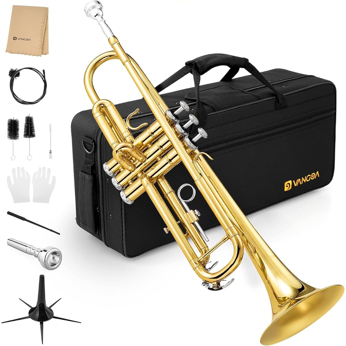 Vangoa Bb Trumpet Standard Brass Trumpet Beginner Student Hard Case Stand 7C Mouthpiece Gloves Valve Oil Cleaning Kit Included Gold