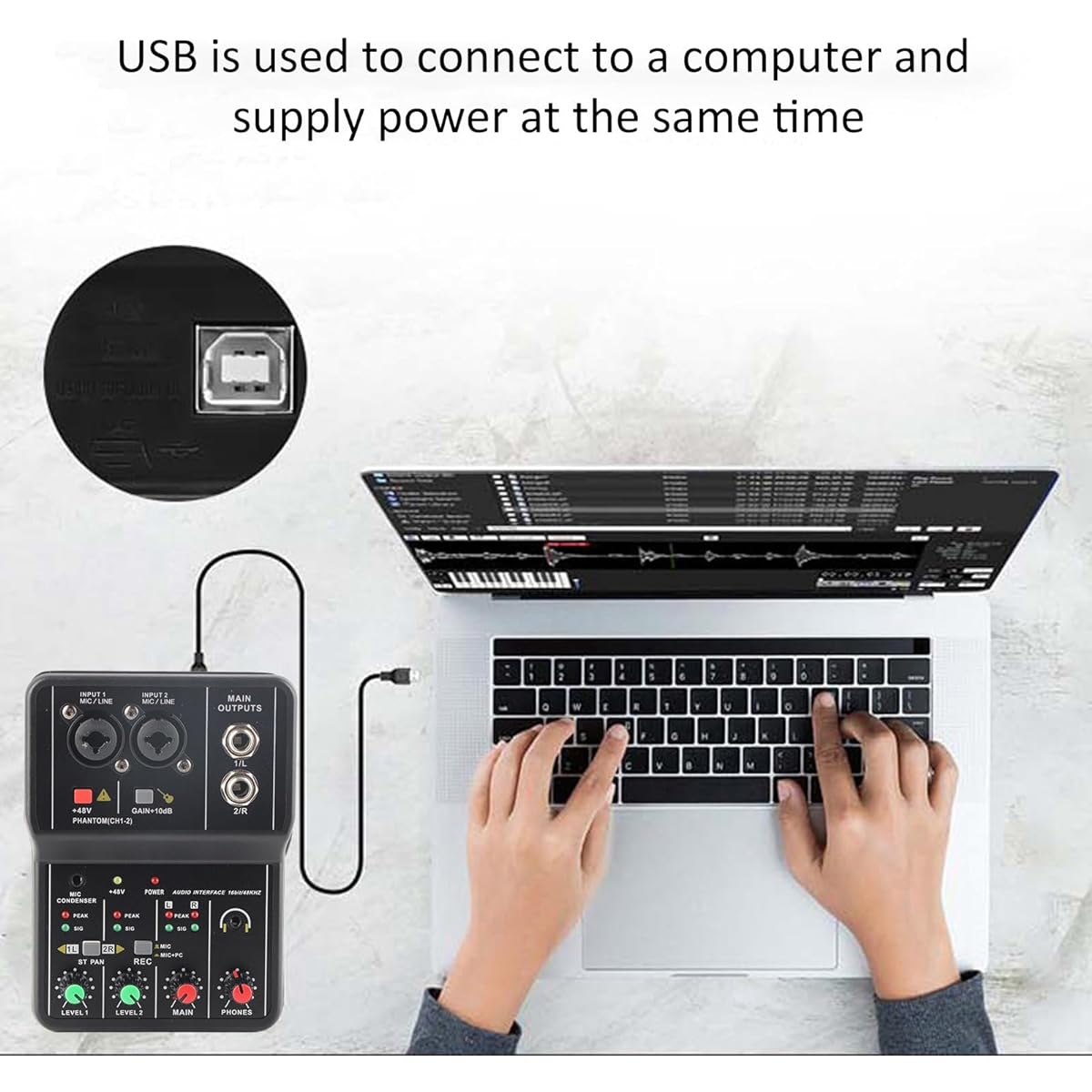 ASHATA 2 Channel Audio Mixer Sound Card USB 48V Phantom Power Compact Sound Mixing Console USB Sound Card for PC Recording Music Recording Home Karaoke Internet Karaoke