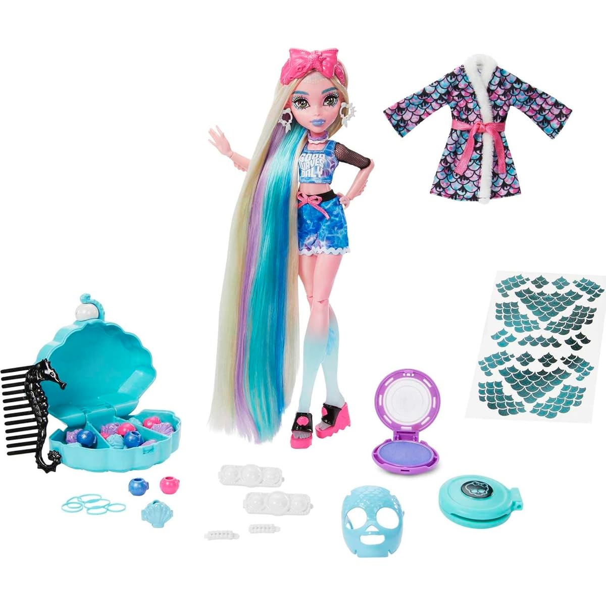 Monster High Doll Lagoona Blue Spa Day Set with Hair Clips, Hair Chalk, Tattoos and Other Accessories (HKY69)