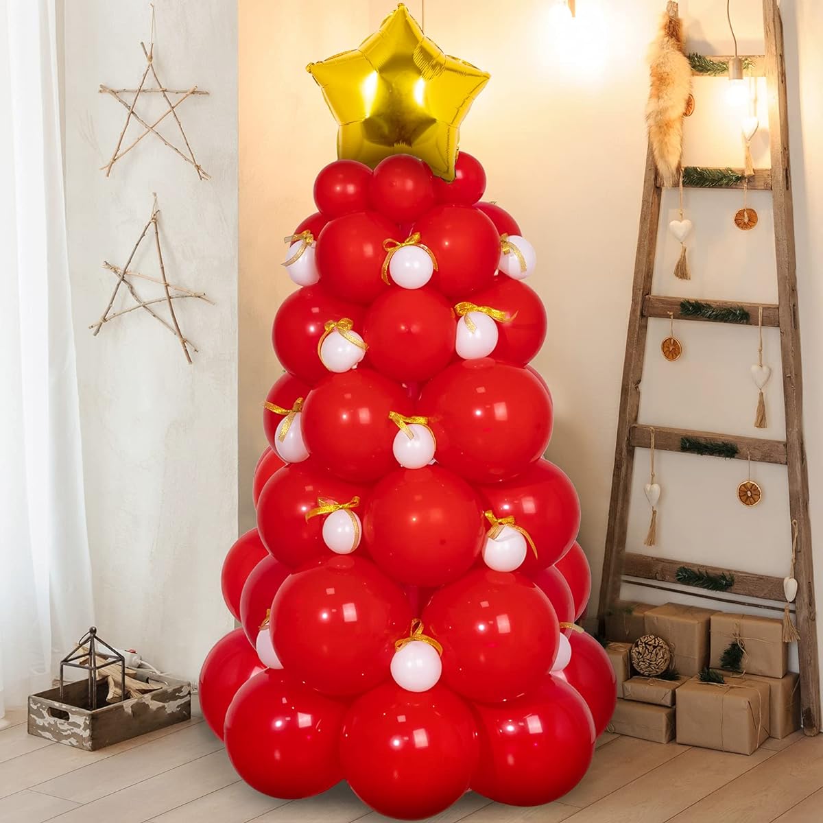 Whaline Christmas Balloon Garland Arch Kit Red Christmas Tree Balloons Star Balloons with Glitter Gold Ribbon 18 Inch Foil Gold Star Balloons Red White Latex Balloons for Party Decorations 95 Pieces