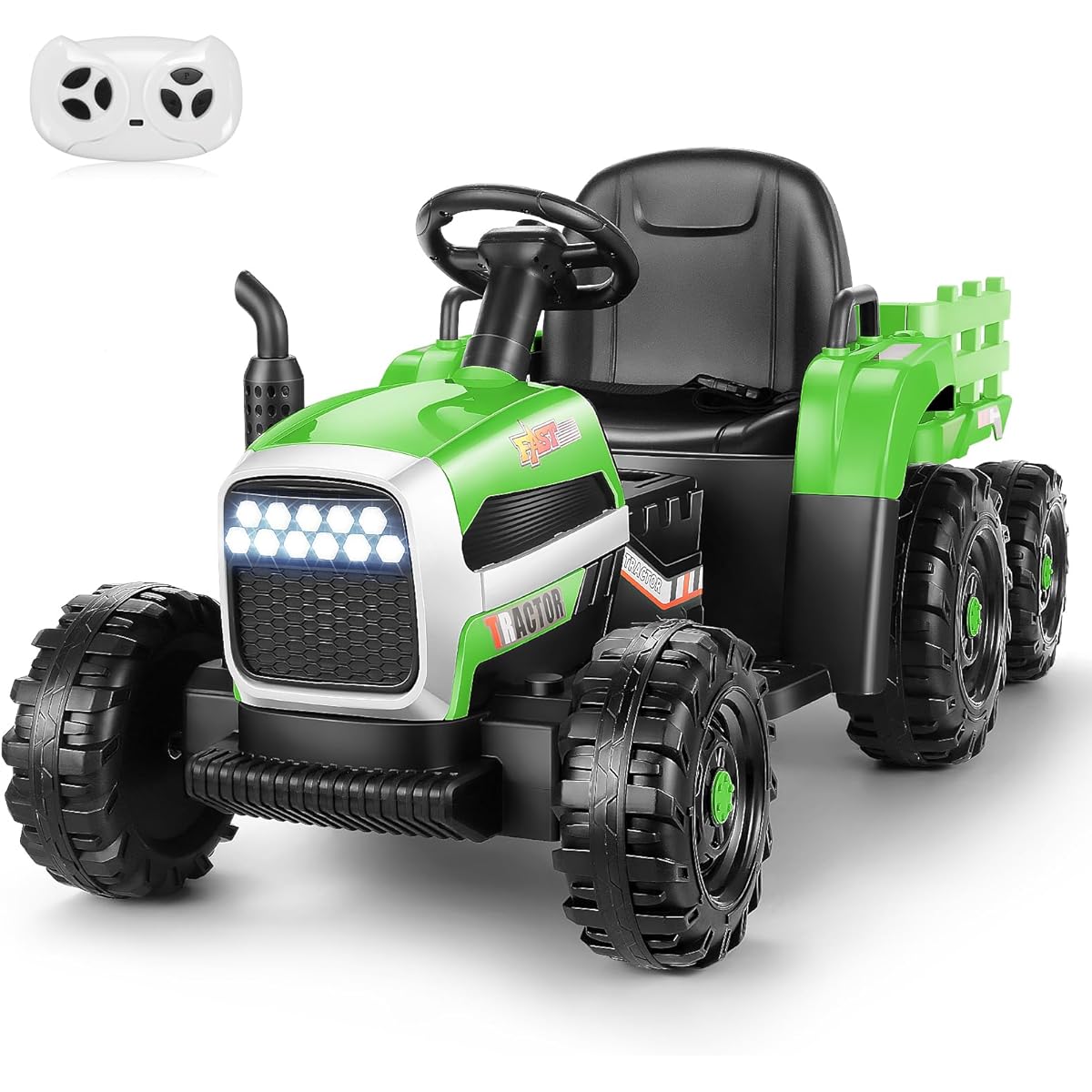 Hikole Kids Ride-On Tractor, 12V Electric Tractor with Trailer, Remote Control, 11 LED Headlights, 3 Gear Shift, 30W Dual Motor, Music Player, Gift for 3-6 Year Old Boys/Girls, Green
